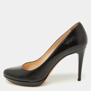 Prada Black Saffiano Patent Leather Round Toe Pumps Size 39