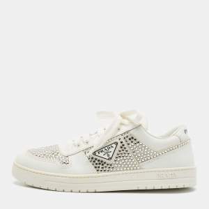 Pre Owned Prada White Leather Crystals Embellished Low Top Sneakers Size 39