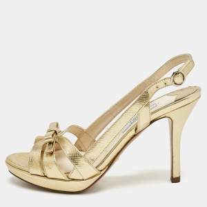 Prada Gold Leather Bow Strappy Slingback Sandals Size 35