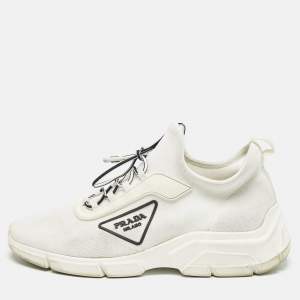 Prada White Logo Knit Fabric Low Top Sneakers Size 37