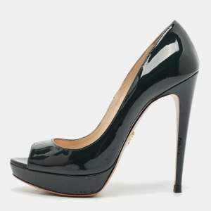 Prada Dark Green Patent Leather Peep Toe Pumps Size 37.5