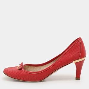 Prada Red Perforated Leather Bow Embellished Pumps Size 38.5