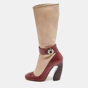 Prada Beige/Burgundy Leather Mid Calf Boots Size 39