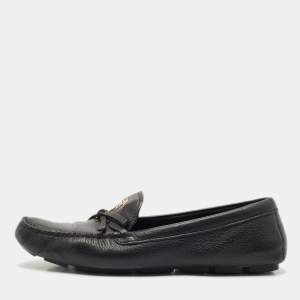 Prada Black Leather Bow Logo Embellished Slip On Loafers Size 40