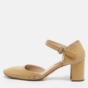 Prada Beige Patent Leather Block Heel Mary Jane Pumps Size 39
