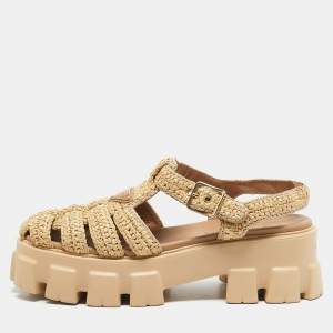 Prada Beige Raffia Monolith Platform Sandals Size 40