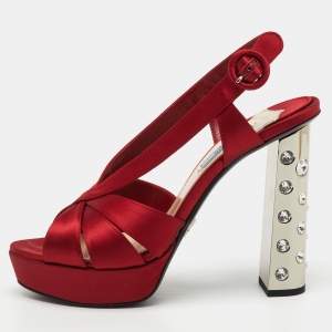 Prada Red Satin Crystal Embellished Heel Strappy Platform Sandals Size 39