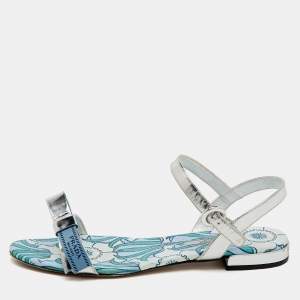 Prada Silver Foil Leather Floral Print Ankle Strap Flat Sandals Size 38.5