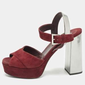 Prada Burgundy/Silver Leather and Suede Ankle Strap Sandals Size 38.5