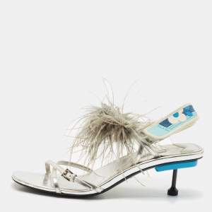 Prada Metallic Silver Leather and Ostrich Feather Ankle Strap Sandals Size 40