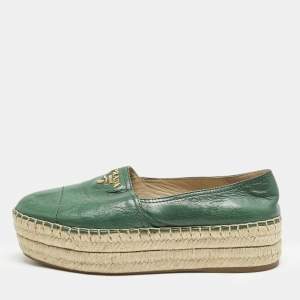 Prada Green Leather Logo Platform Espadrilles Size 39