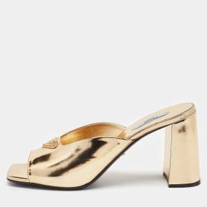 Prada Gold Patent Leather Block Heel Slide Sandals Size 41
