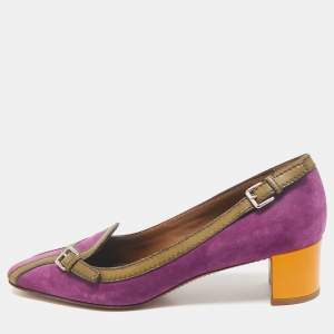 Prada Multicolor Leather and Suede Block Heel Pumps Size 38.5