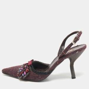 Prada Burgundy Tweed Crystal Embellished Slingback Pumps Size 39