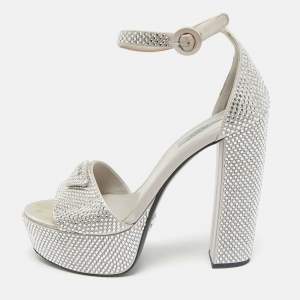 Prada Light Grey Satin Crystal Embellished Ankle Strap Platform Sandals Size 39