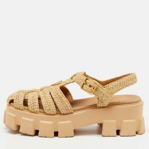 Prada Beige Raffia Monolith Platform Sandals Size 40