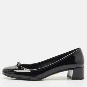 Prada Black Patent Leather Bow Block Heel Pumps Size 37.5