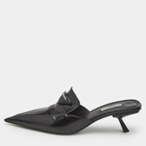 Prada Black  Saffiano Leather Logo Mules Size 40