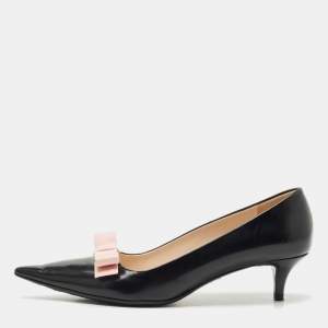 Prada Black/Beige Leather Pointed Toe Bow Pumps Size 38.5