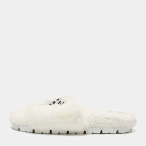 Prada White Shearling Terry Flat Slides  Size 39