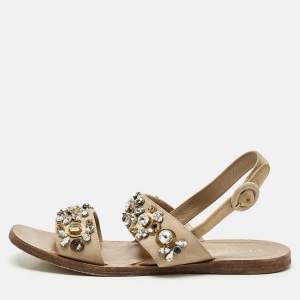 Prada Beige Suede Crystals Embellished Flat Sandals Size 38