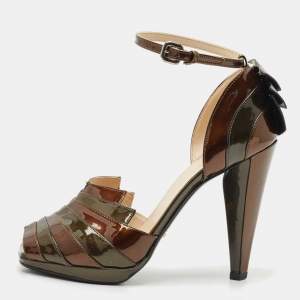 Prada Brown/Green Patent Leather Pleated Peep Toe D'orsay Pumps Size 36.5