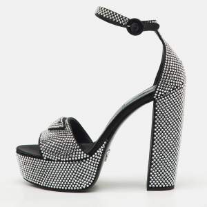 Prada Black Satin Crystal Embellished Ankle Strap Platform Sandals Size 39.5
