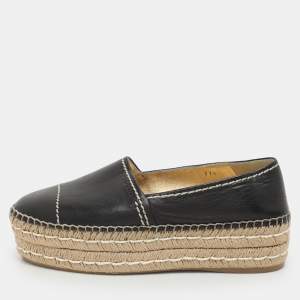 Prada Black Leather Platform Espadrille Flats Size 37.5