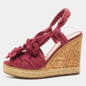 Prada Burgundy Fabric Flower Cork Wedge Slingback Sandals Size 40
