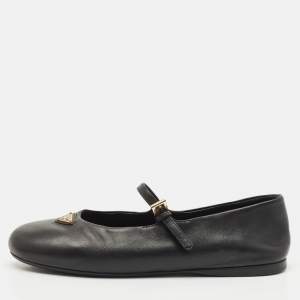 Prada Black Leather Triangle Logo Mary Jane Ballet Flats Size 38