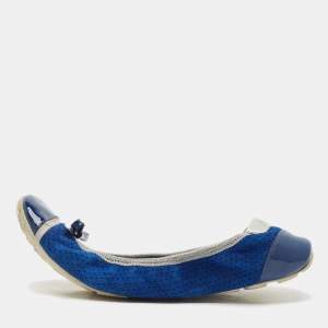 Prada Navy Blue/Silver Patent Leather and Nubuck Leather Scrunch Ballet Flats Size 38