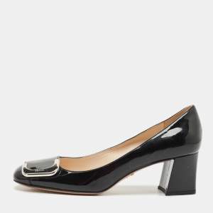 Prada Black Patent Leather Buckle Detail Block Heel Pumps Size 37