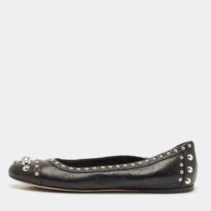 Prada Black Leather Studded Ballet Flats Size 37.5