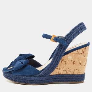 Prada Blue Suede Bow Cork Wedge Slingback Sandals Size 38