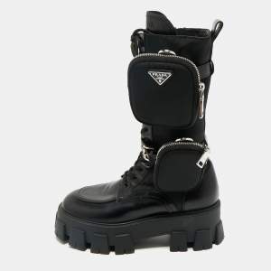 Prada Black Leather and Nylon Monolith Combat Boots Size 37.5