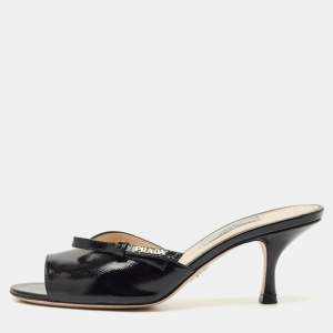 Prada Black Patent Leather Logo Slide Sandals Size 36.5