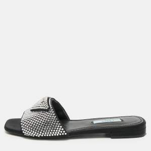 Prada Black Satin Crystal Embellished Flat Slides Size 36.5