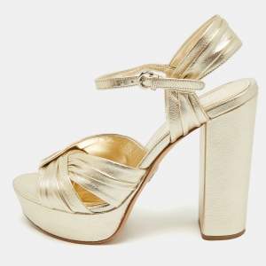 Prada Gold Saffiano Leather Ankle Strap Block Heel Platform Sandals Size 39