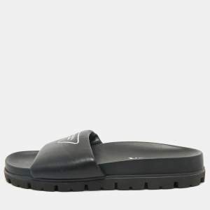 Prada Black Soft Padded Leather Logo Print Flat Slide Sandals Size 38