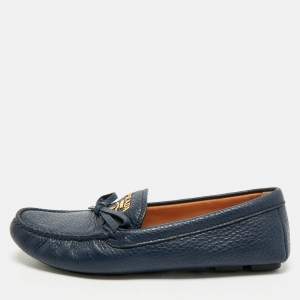 Prada Navy Blue Leather Bow Slip On Loafers Size 38