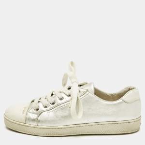Prada Silver/White  Leather and Rubber Cap Toe Lace Up Sneakers Size 37.5