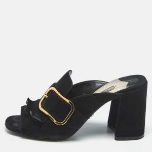 Prada Black Suede Buckle Fringe Block Heel Mules Size 37.5
