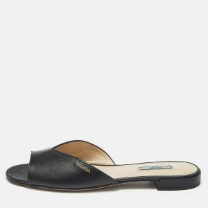 Prada Black Saffiano Patent Leather Slide Flats Size 40