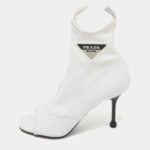 Pre Owned Prada White Stretch Fabric Open Toe Ankle Length Boots Size 39