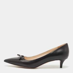 Pre Owned Prada Black Leather Bow Pointed Toe Kitten Heel Pumps Size 38.5
