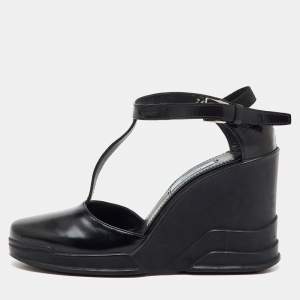 Pre Owned Prada Black Leather T-Strap Platform Wedge Sandals Size 36