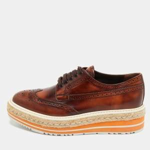 Prada Brown Brogue Leather Oxford Espadrille Sneakers Size 37.5