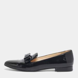 Pre Owned Prada Black Patent Leather Bow Smoking Slippers Size 39