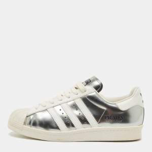 Pre Owned Prada X Adidas Silver/White Leather Superstar Lace Up Sneakers Size 39.5