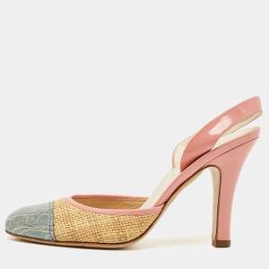 Pre Owned Prada Multicolor Croc Embossed Leather and Raffia Slingback Pumps Size 36